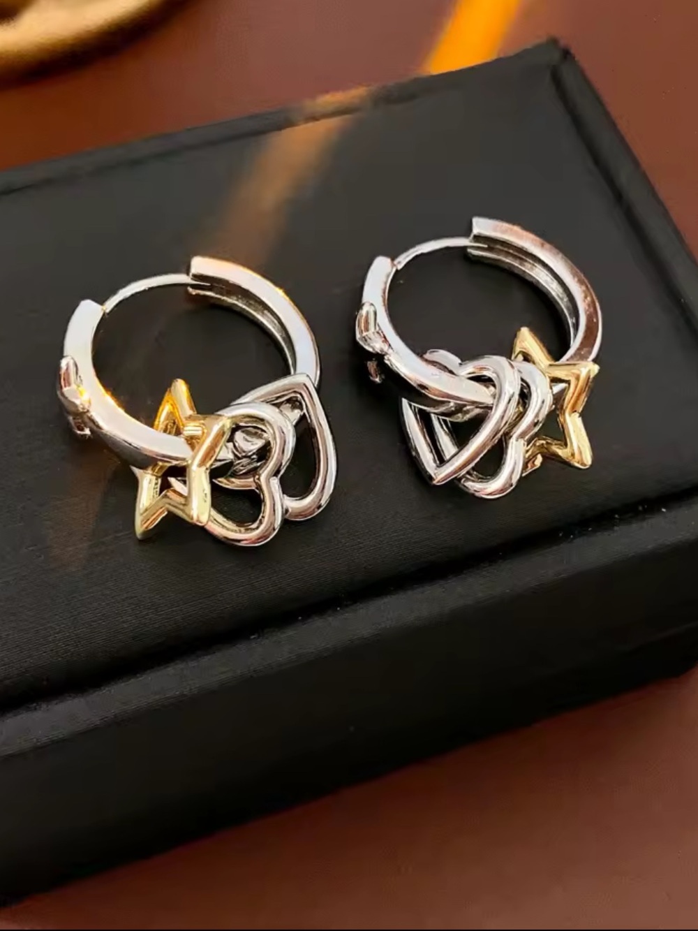 Two-Tone Star & Heart Hoop Earrings - Women Jewelry